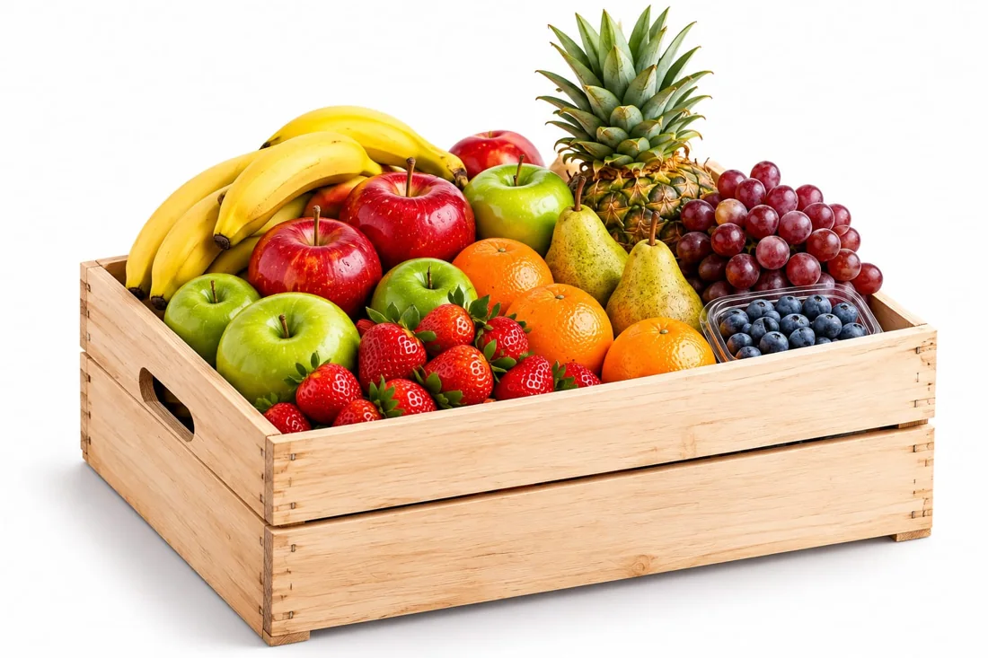 Caja de madera con frutas variadas para empresas